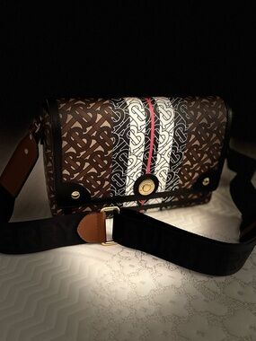 Burberry Brown Monogram Messenger Bag with Black Trim and Red-White Stripe